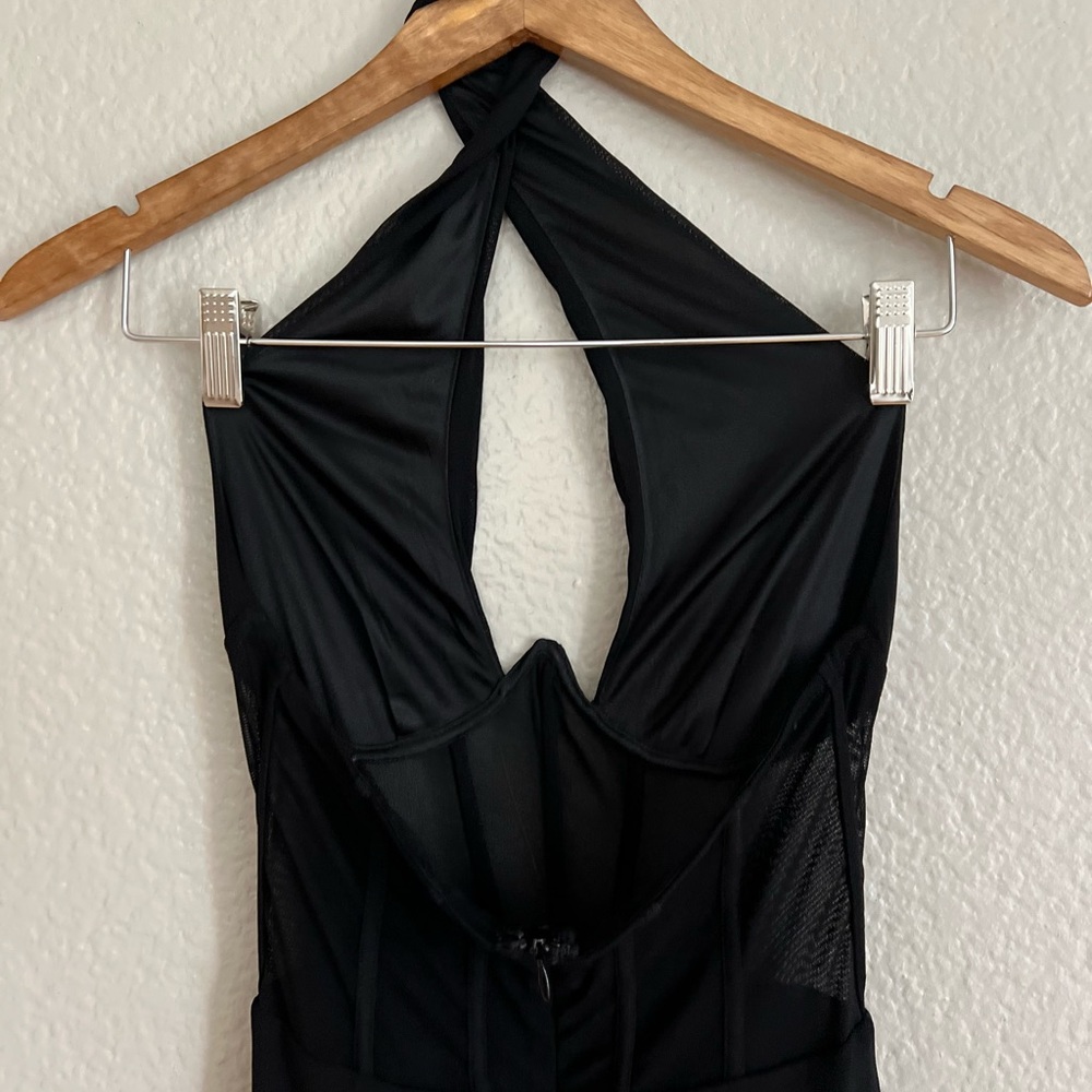 Never-Ending Glamour Black Mesh Cross-Front Halter Maxi Dress - Picture 5 of 7